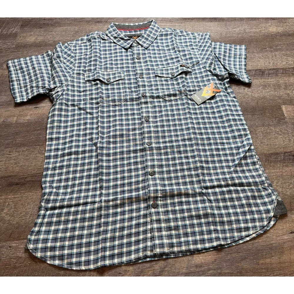 Hawx Work Gear Mens Plaid Button Up Size Large Tall Blue and White M1